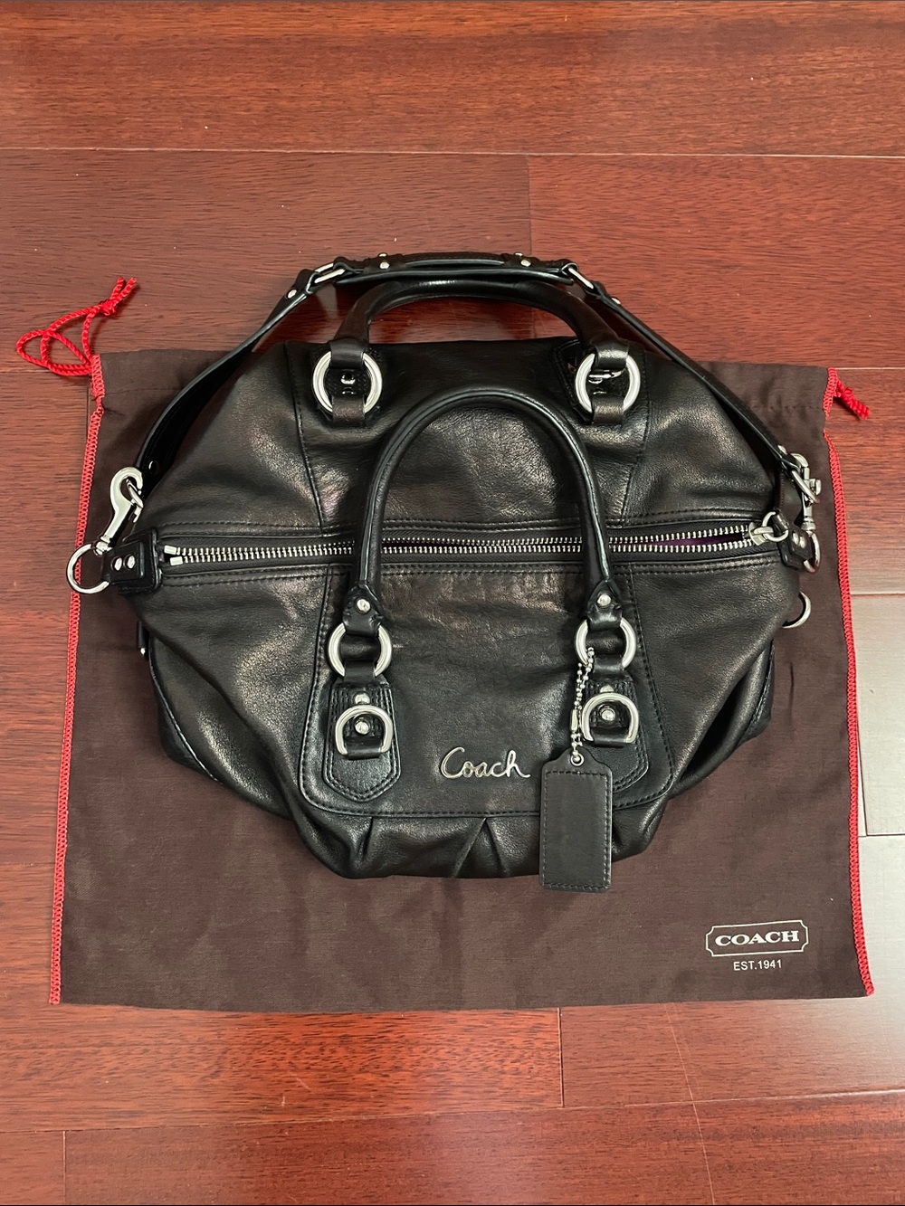 COACH Ashley Shimmering Black Leather Satchel Handbag - Picture 14 of 15